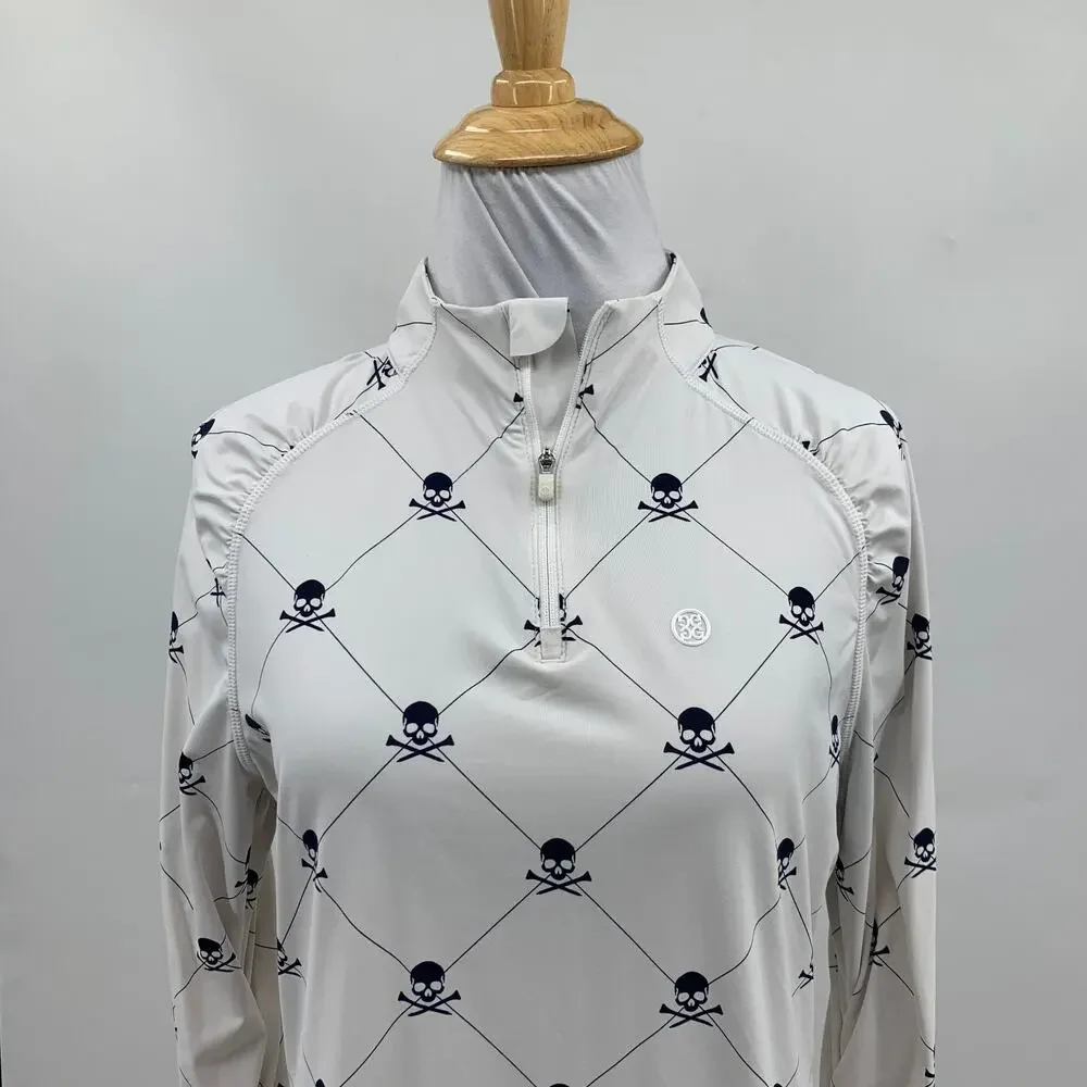 G/Fore Top Womens M Medium White Navy Skull Motif 1/4 Zip Ruched Long Sleeves